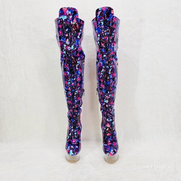 Bulls Cobalt Multi Color Print Patent OTK Clear Platform High Heel Thigh Boots - Picture 9 of 13